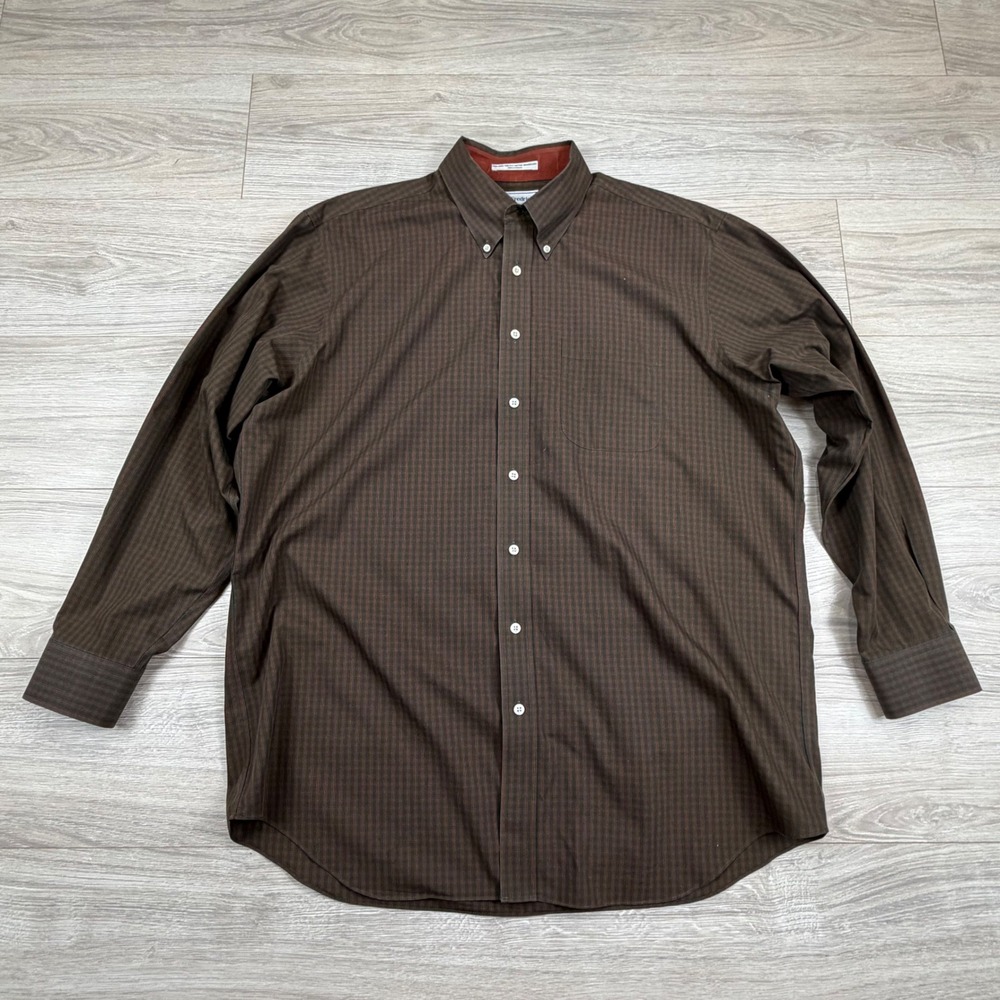 Paul Fredrick Mens Brown Orange Micro Plaid Non-Iron Cotton Dress Shirt 17.5-35